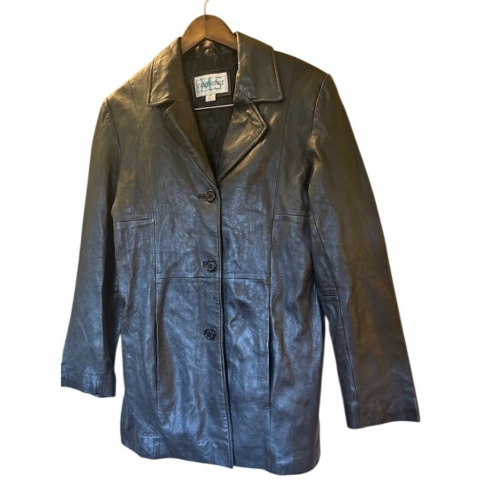 Vintage Cambridge Black Genuine Leather Car Coat Women's Medium 3 Button